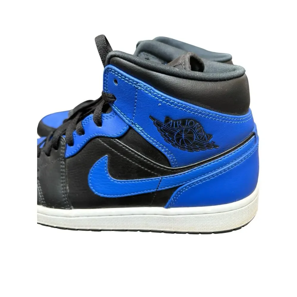 Nike Air Jordan 1 Mid Black Royal Tumbled Leather Mens 10 Shoes 554724-077 Box